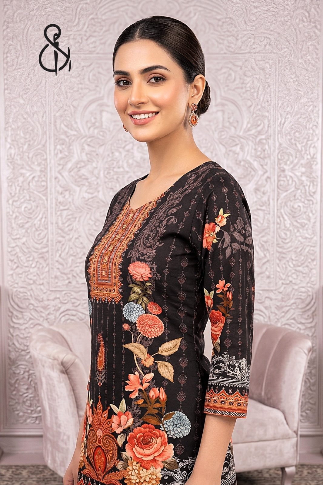 Blue Floral Printed Kurta Set With Orange Bottom