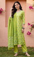 Women's Lime Green Printed Straight Kurta Set with Dupatta