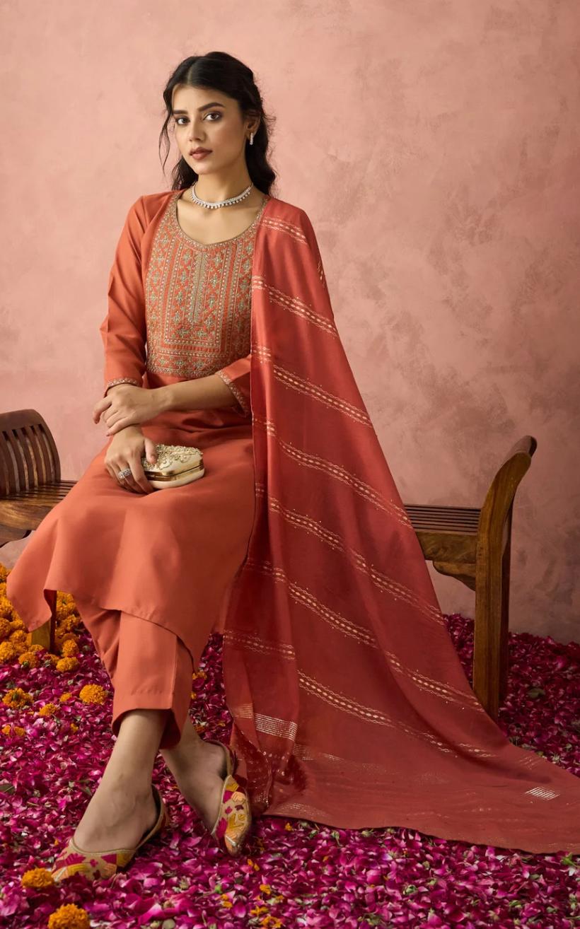 Peach Embroidered Kurta Pant Set with Woven Dupatta