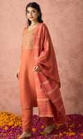 Peach Embroidered Kurta Pant Set with Woven Dupatta