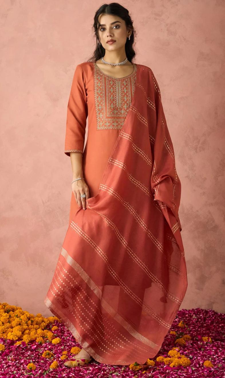 Peach Embroidered Kurta Pant Set with Woven Dupatta