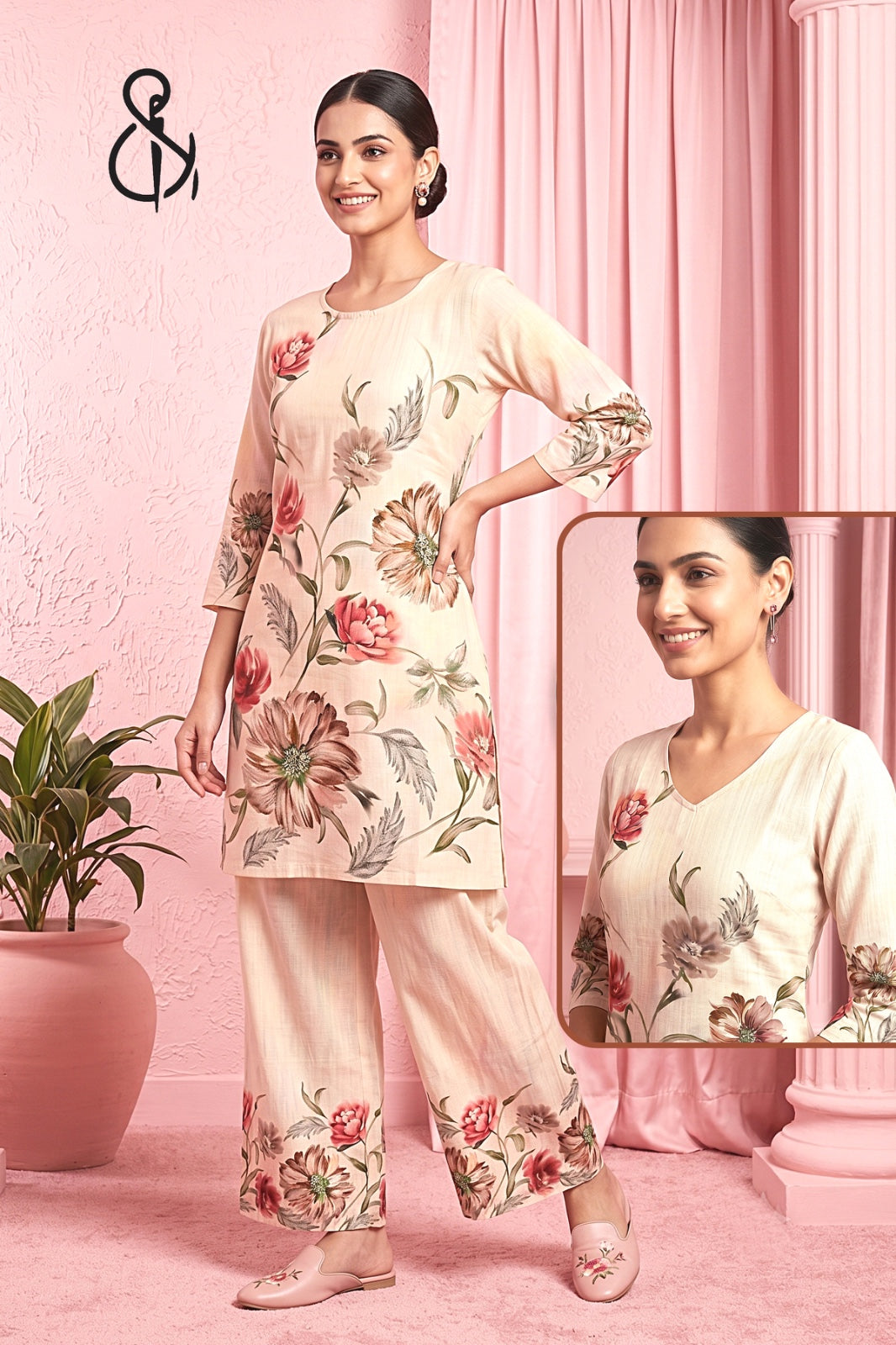 Pastel Peach Floral Printed Kurta Set
