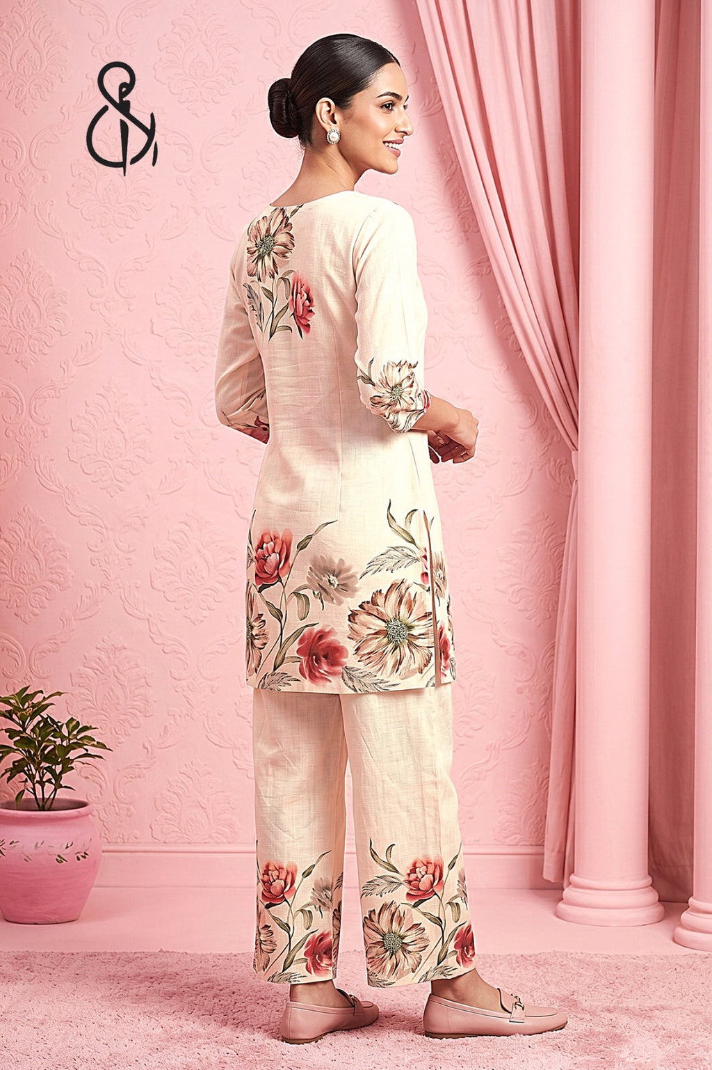 Pastel Peach Floral Printed Kurta Set