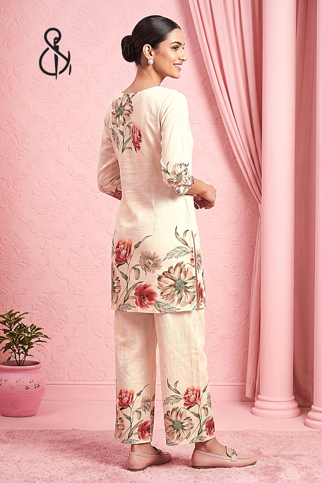 Pastel Peach Floral Printed Kurta Set