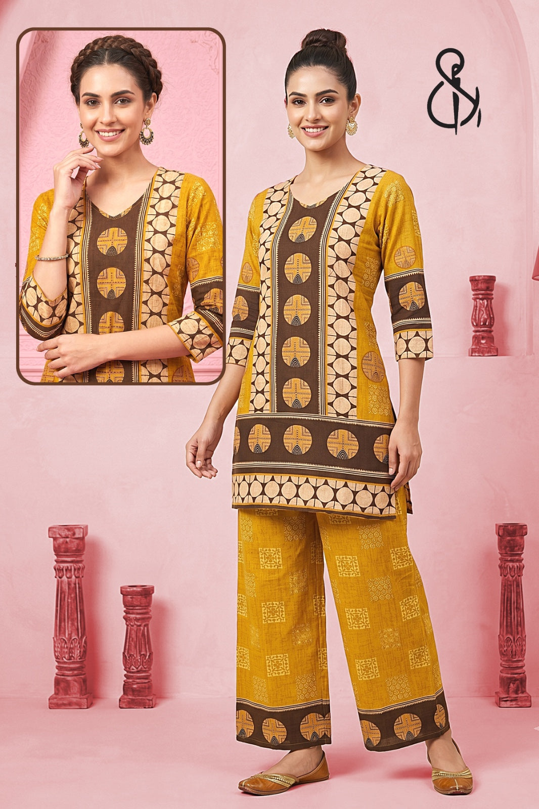 Yellow Floral Designer Kurta Set with Middle Print Detail