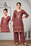 Peachy Brown Floral Print Kurta Set For Women