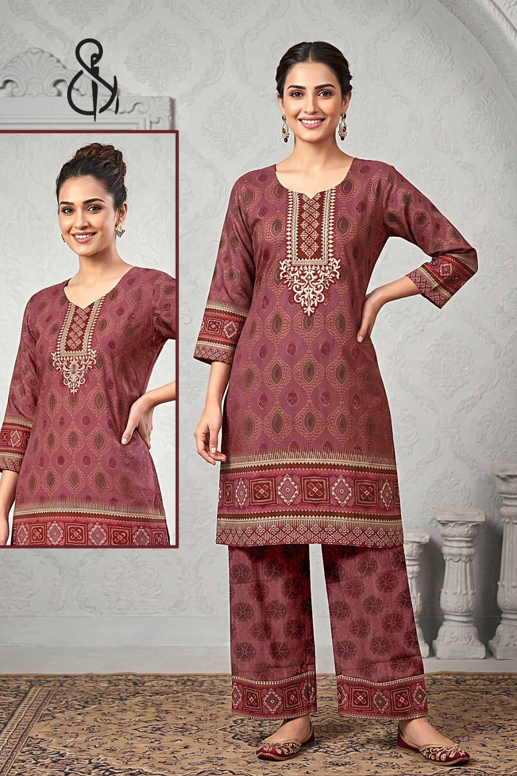Peachy Brown Floral Print Kurta Set For Women