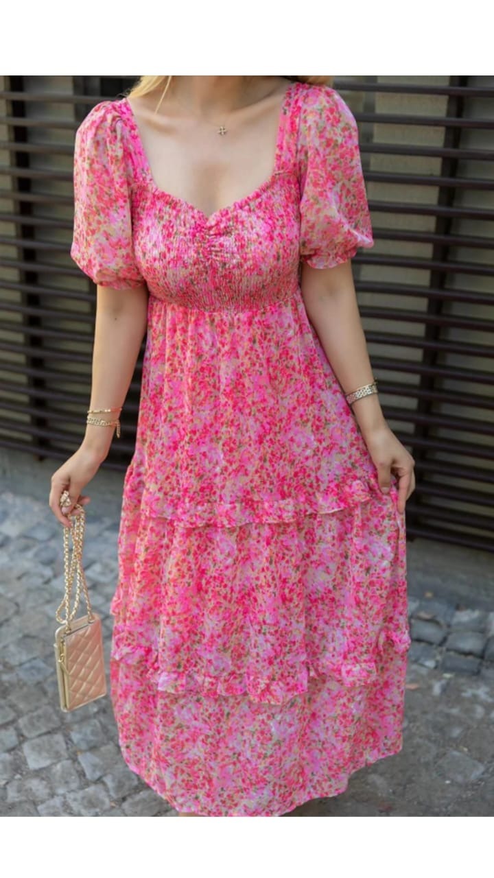 Pink Bloom Tiered Midi Dress