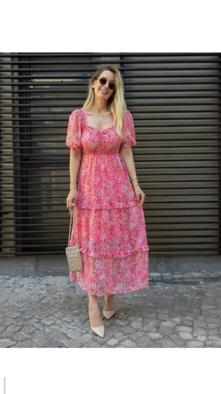 Pink Bloom Tiered Midi Dress