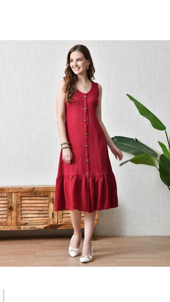 Wine Button-Front Midi Dress