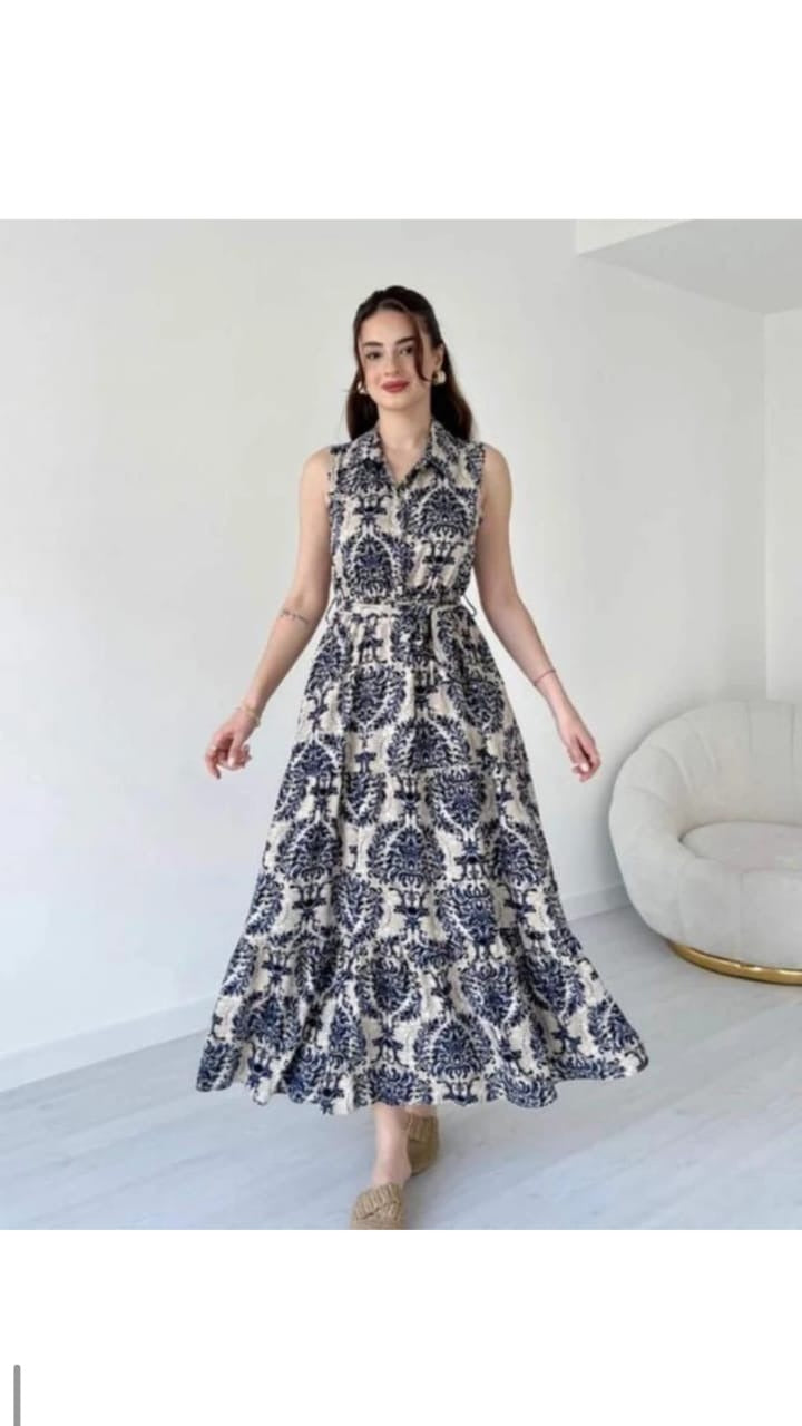 Indigo Floral Flared Midi Dress
