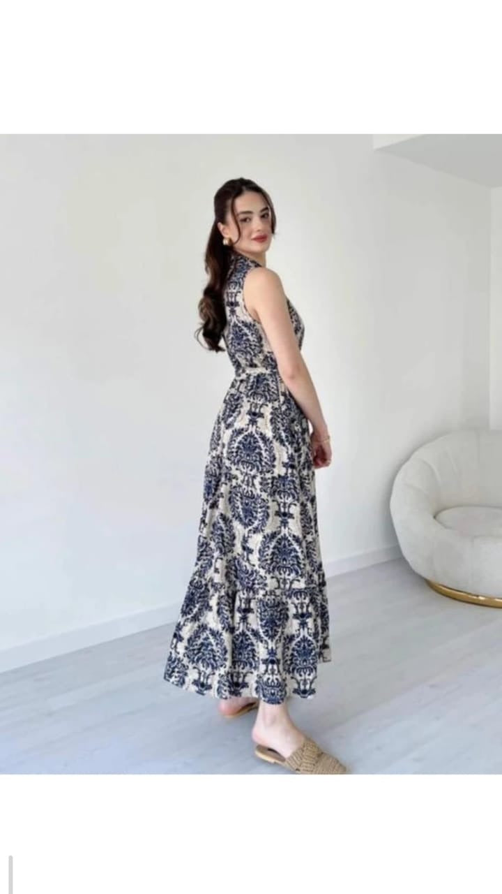 Indigo Floral Flared Midi Dress