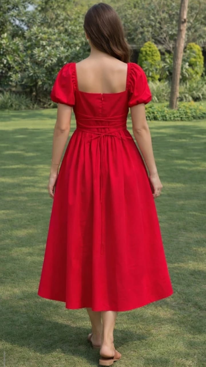Cherry Red Puff-Sleeve Midi Dress