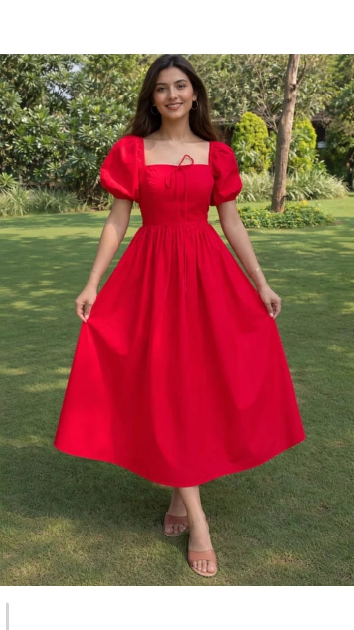Cherry Red Puff-Sleeve Midi Dress