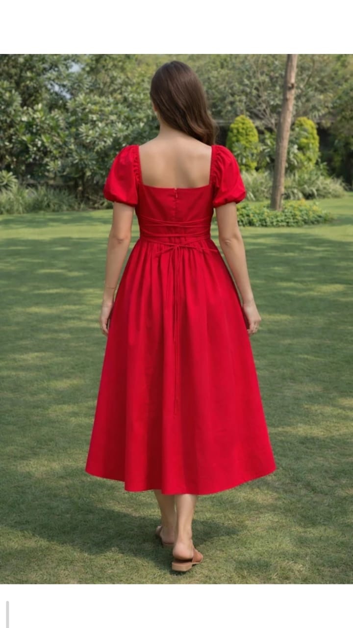 Cherry Red Puff-Sleeve Midi Dress