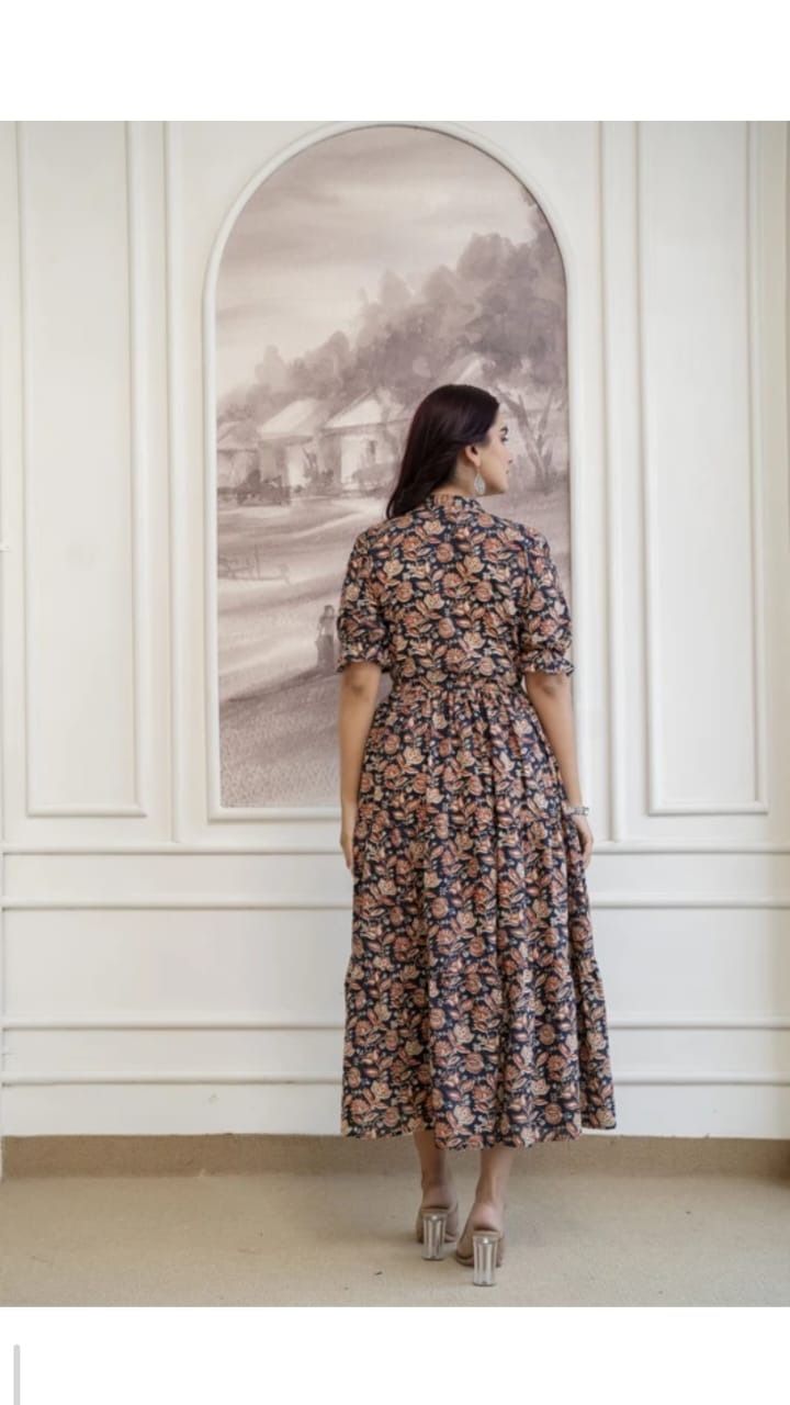 Midnight Floral Flared Midi Dress