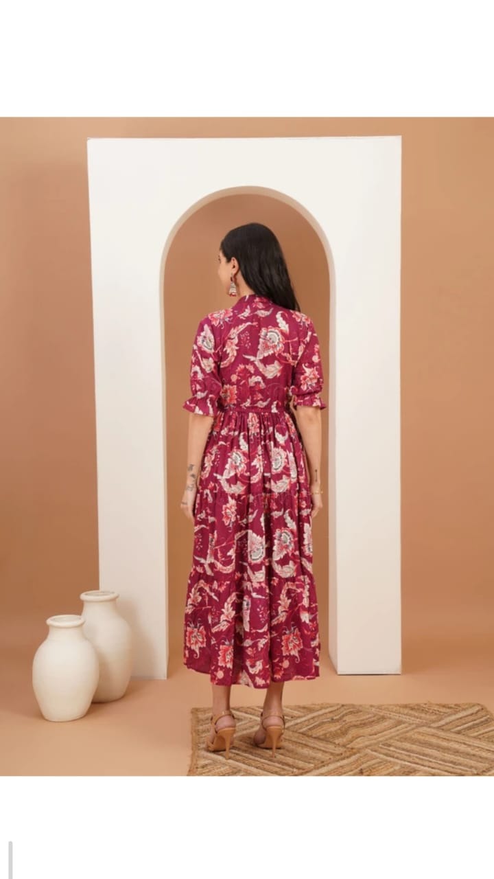 Berry Floral Wrap Midi Dress