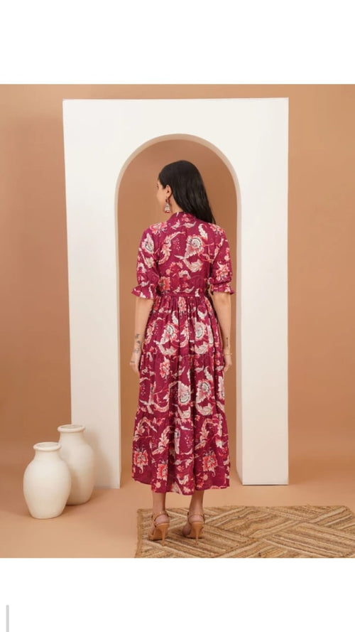 Berry Floral Wrap Midi Dress