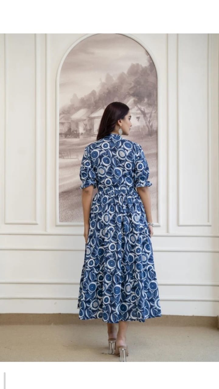 Blue Floral Flared Midi Dress