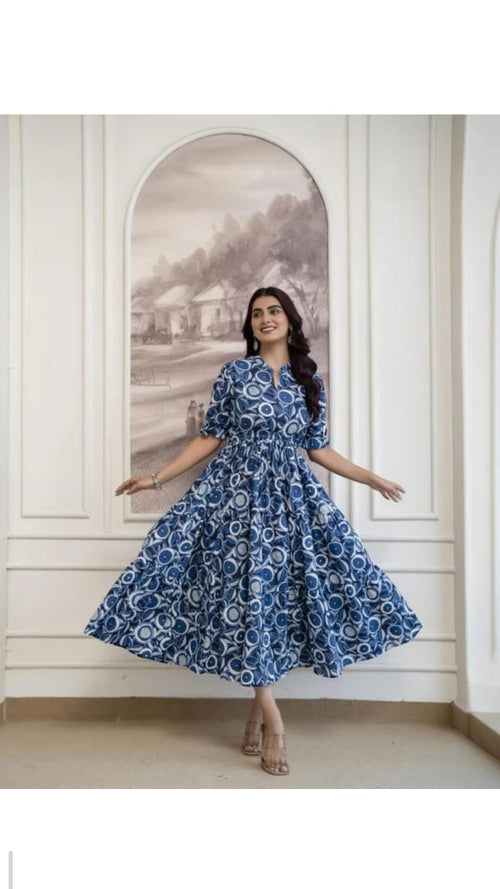 Blue Floral Flared Midi Dress